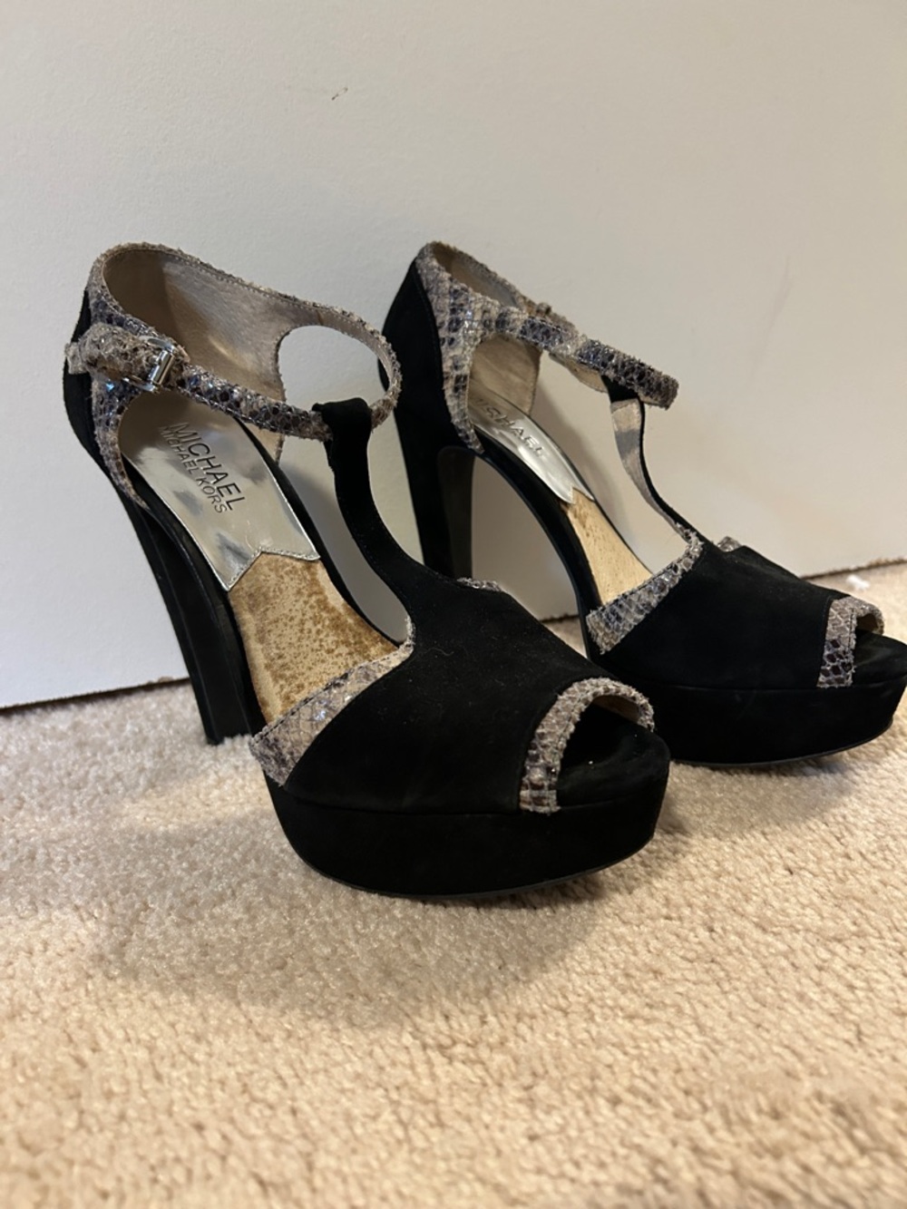 Michael Kors Black Suede Peep-Toe Platform Heels with Snake-Print Trim